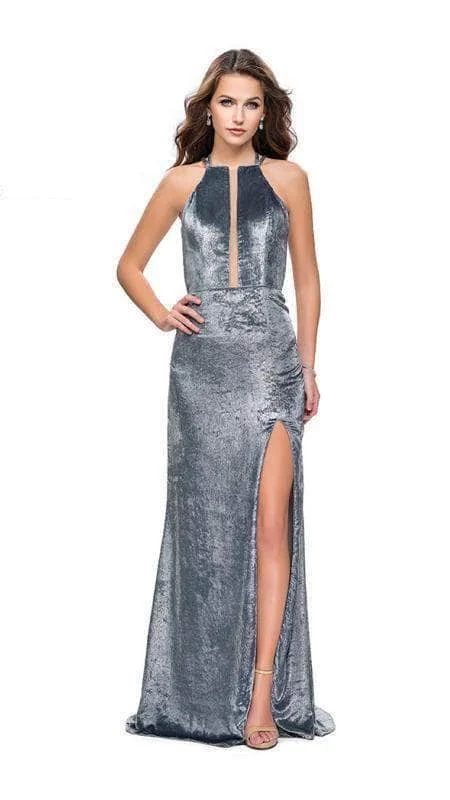 Savings You Can’t Ignore!La Femme - Velvet High Halter Evening Dress 25861SC