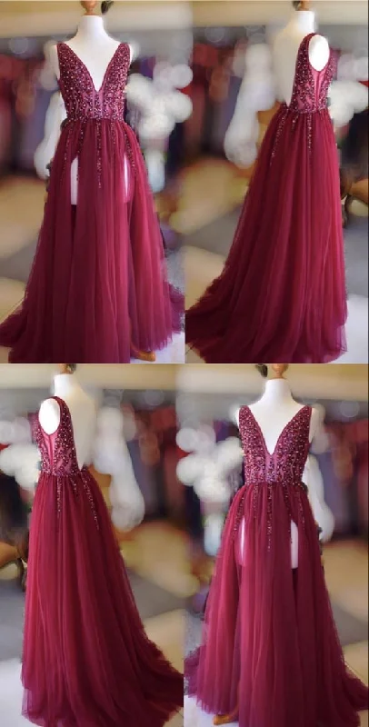 Sale Alert – Get Ready to Shop!Long burgundy tulle double split formal prom dresses sequins beaded v neck evening gown cg20124 Sale Alert – Get Ready to Shop!Long burgundy tulle double split formal prom dresses sequins beaded v neck evening gown cg20124