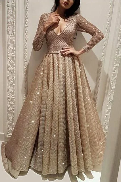 Mega Sale Happening Now!Long Sleeve A Line V Neck Gold Sequins Long Floor Length Prom Dresses cg20109 Mega Sale Happening Now!Long Sleeve A Line V Neck Gold Sequins Long Floor Length Prom Dresses cg20109