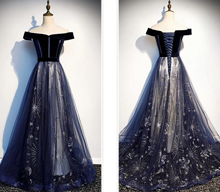 Your Chance to Save is Now!Lovely Off Shoulder Velvet And Tulle Prom Dress, Navy Blue Party Dress Formal Dress cg20183 Your Chance to Save is Now!Lovely Off Shoulder Velvet And Tulle Prom Dress, Navy Blue Party Dress Formal Dress cg20183