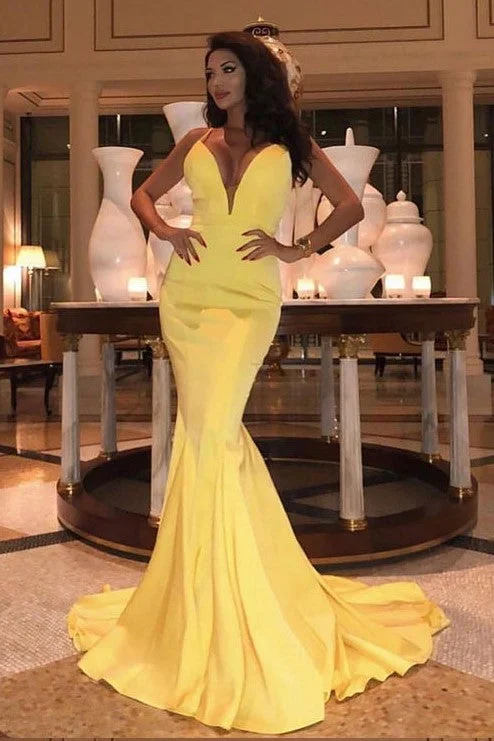 Biggest Sale of the Season!Mermaid Yellow Prom Dress with Plunging Neckline