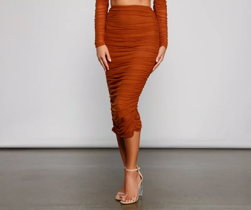 Save Like Never Before!Moment For Mesh Ruched Midi Skirt
