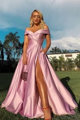 Your Favorite Items on Sale Now!Off-the-shoulder Pink Prom Gowns with High Leg Slit Your Favorite Items on Sale Now!Off-the-shoulder Pink Prom Gowns with High Leg Slit