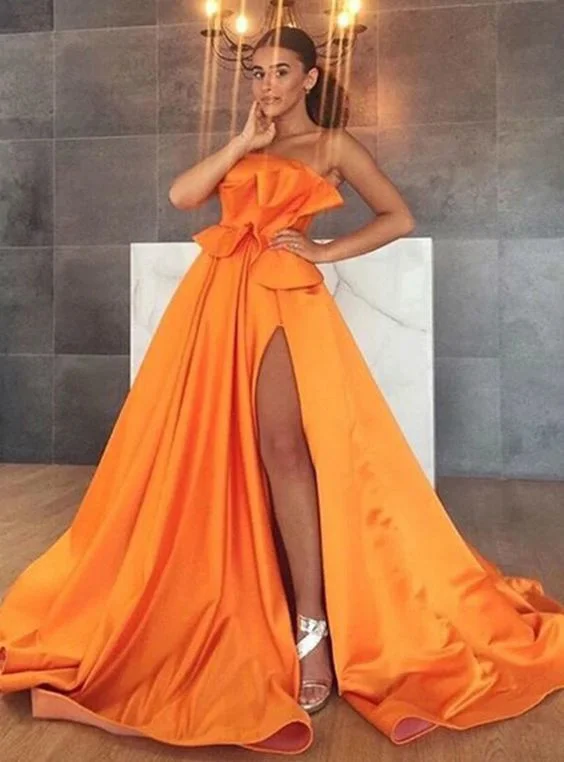 Act Fast – Limited Time Savings!Orange Satin Strapless Women Formal Prom Dresses With Side Split cg20094 Act Fast – Limited Time Savings!Orange Satin Strapless Women Formal Prom Dresses With Side Split cg20094