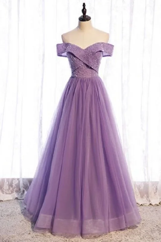 Price Drop Alert!Princess Off the Shoulder Beaded Lilac Long Prom Dress    cg20140