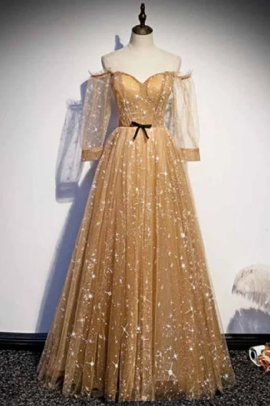 Everything Must Go!princess off the shoulder gold prom dress with long sleeve cg20139 Everything Must Go!princess off the shoulder gold prom dress with long sleeve cg20139