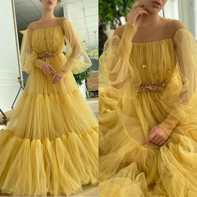 Huge Price Cuts Await!Princess yellow long sleeves evening gown Prom Dress cg20173 Huge Price Cuts Await!Princess yellow long sleeves evening gown Prom Dress cg20173