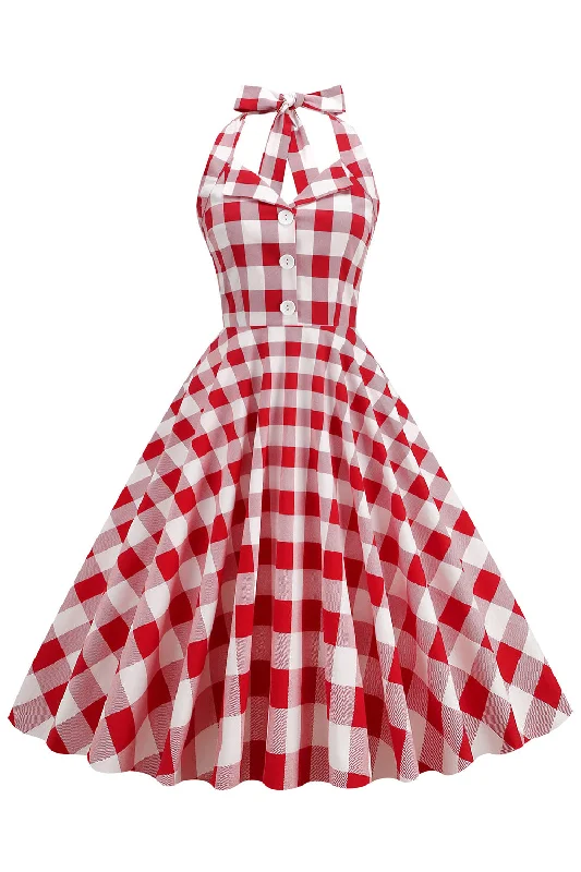 Unmissable Offers Await!Red Plaid Halter 1950s Swing Dress