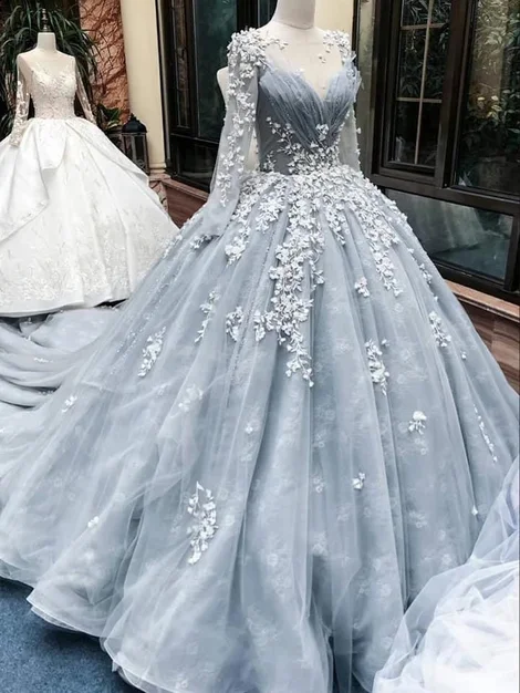 Price Drops You’ll Love!Romantic light grey long sleeves floral lace applique ball gown prom dress with court train cg20084 Price Drops You’ll Love!Romantic light grey long sleeves floral lace applique ball gown prom dress with court train cg20084