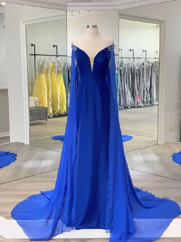 Mega Sale Happening Now!Royal Blue Velvet Elegant Red Carpet Couture Gowns with Chiffon Cape Bead-work Shoulder Off the Shoulder prom dress formal gowns    cg20152