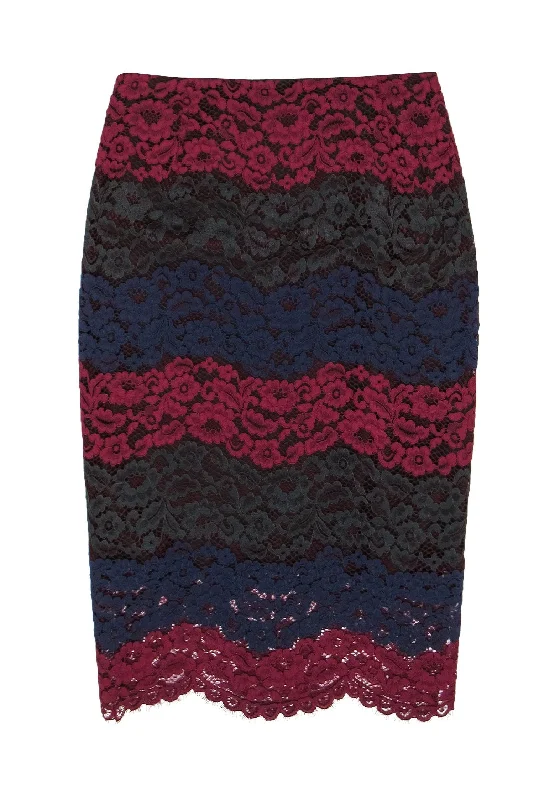 One Day Only – Huge Savings!Sandro - Burgundy, Navy & Green Lace Pencil Skirt Sz S