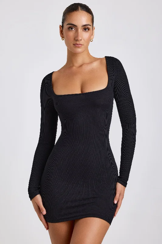 Huge Price Cuts Await!Ribbed Modal Long Sleeve Mini Dress in Black