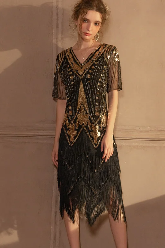 Unbeatable Prices!Sparkly Black Golden Short Sleeves V-neck Sequins 1920s Gatsby Dress with Fringes Unbeatable Prices!Sparkly Black Golden Short Sleeves V-neck Sequins 1920s Gatsby Dress with Fringes