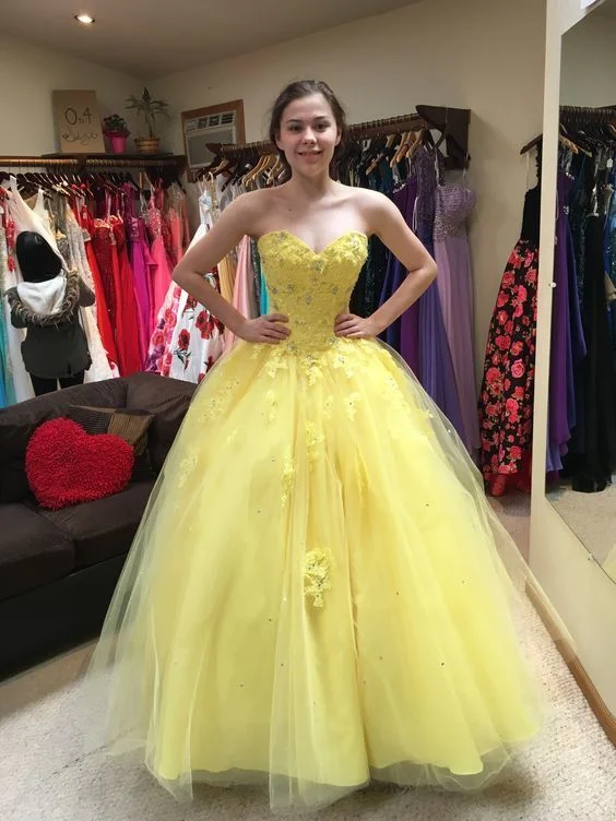 The Best Sale of the Year!Sweetheart yellow tulle lace long prom dress    cg20097