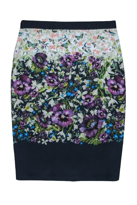 Grab Yours Before It’s Too Late!Ted Baker - Navy & Multicolor Floral & Nature Print Pencil Skirt Sz 8