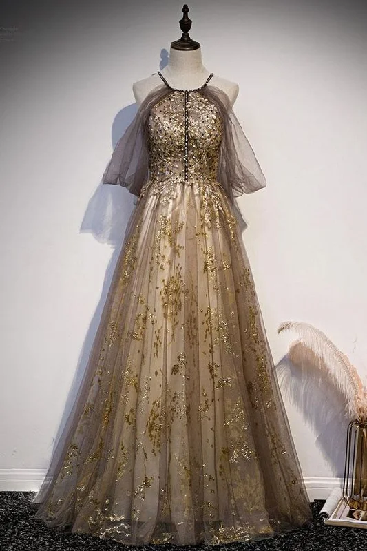 One Click Away from Big Savings!Unique Gold Flower Lace Long Tulle Prom Dress Gray Tulle Formal Dress    cg20115
