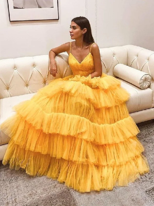 The Best Sale of the Year!V Neck Backless Yellow Tulle Layered Long Prom Dresses, Layered Yellow Formal Evening Dresses cg20145 The Best Sale of the Year!V Neck Backless Yellow Tulle Layered Long Prom Dresses, Layered Yellow Formal Evening Dresses cg20145