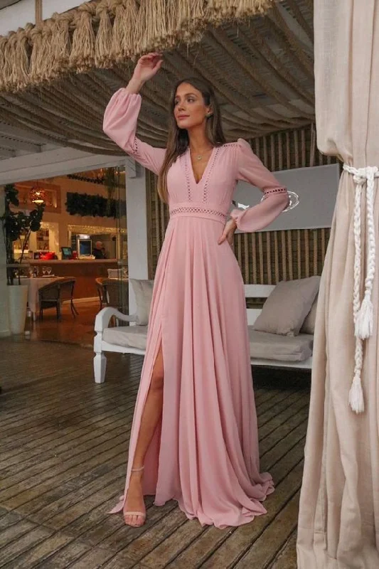 Instant Savings Await!V Neck Long Sleeves Pink Holiday Dress with Appliques, Split Evening Party Dress Prom Dresses cg20129 Instant Savings Await!V Neck Long Sleeves Pink Holiday Dress with Appliques, Split Evening Party Dress Prom Dresses cg20129