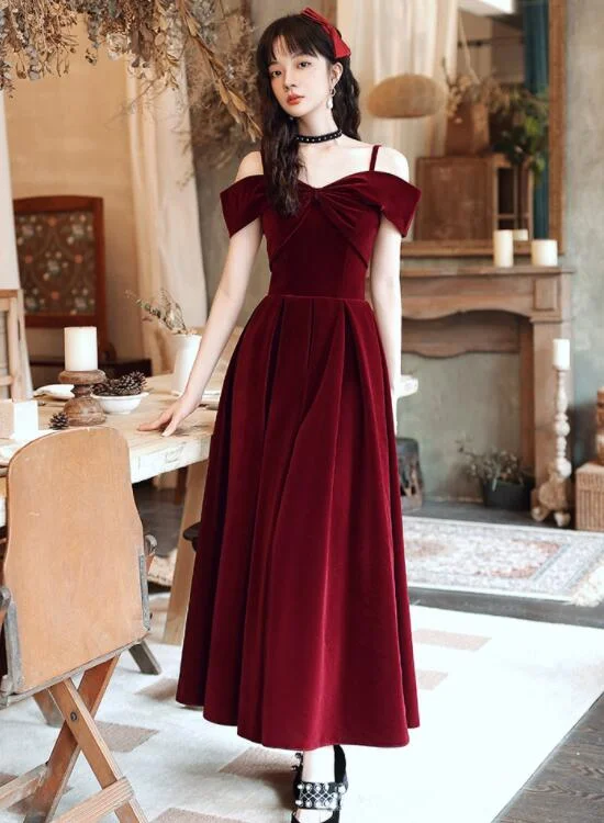 Save Like Never Before!Wine Red Velvet Off Shoulder Long Evening Dress, Dark Red Party Dress Formal Dress Prom Dress    cg20185