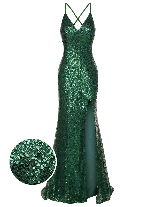 Unlock Huge Savings Now!1920s V-Neck Side Slit Sequined Sling Dress