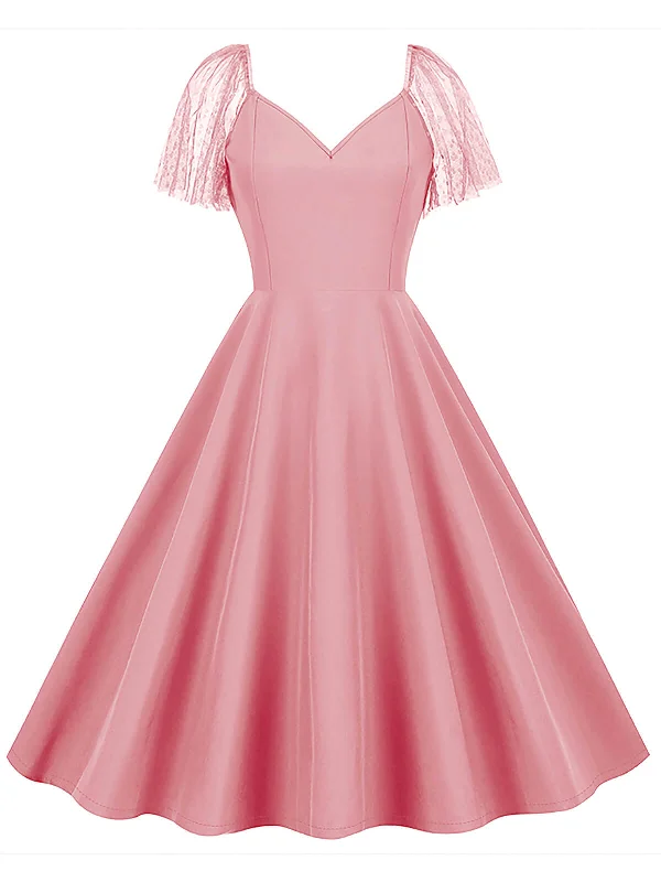 Save Like Never Before!1950s Solid Dots Mesh Sleeve V-Neck Dress