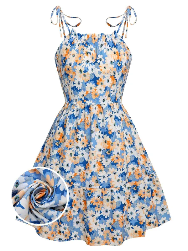 The Best Offers Are Here!1960s Oil Painting Daisy Shoulder Tie Dress