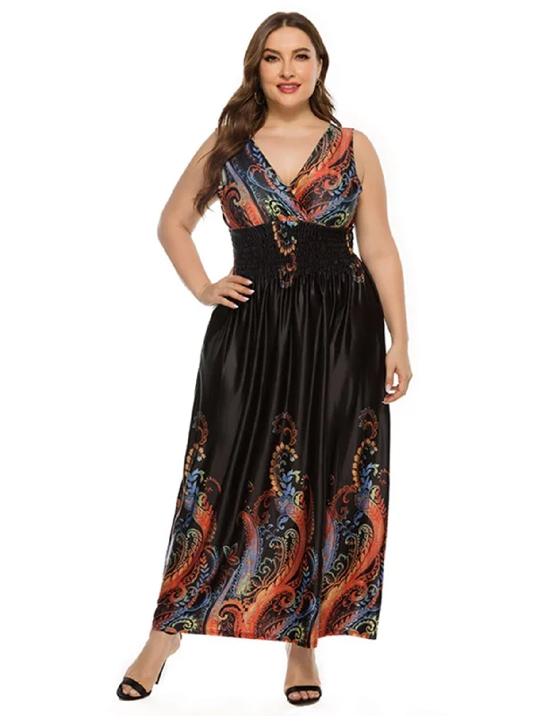 Lowest Prices Guaranteed!KittenAlarm - Plus Size Double V-Neck Smocked Waist Maxi Dress Tank Dress