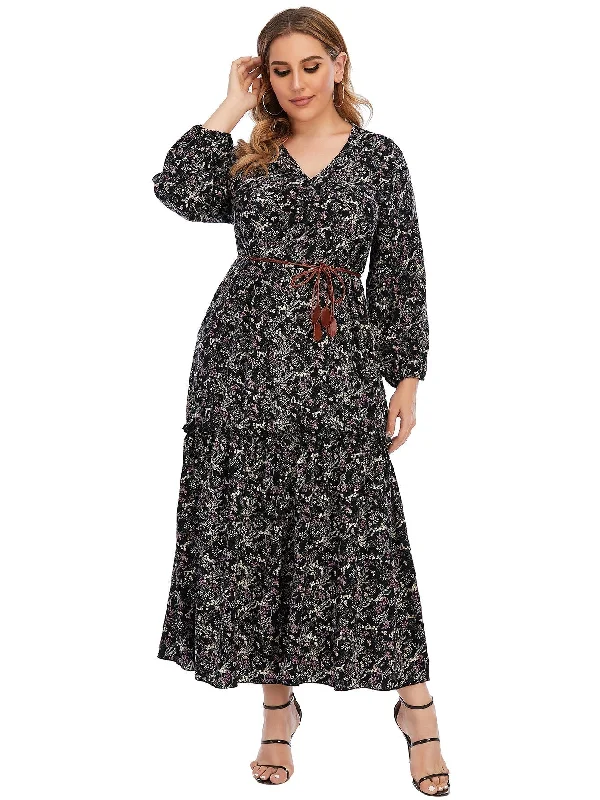 Hurry! While Supplies Last!KittenAlarm - Plus Size Paisley Print Ruffled Hem Maxi Dress with Waist Belt