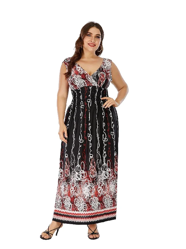 Mega Sale Happening Now!KittenAlarm - Plus Size Double V-neck Paisley Print High Elastic Waist Maxi Dress Beach Dress