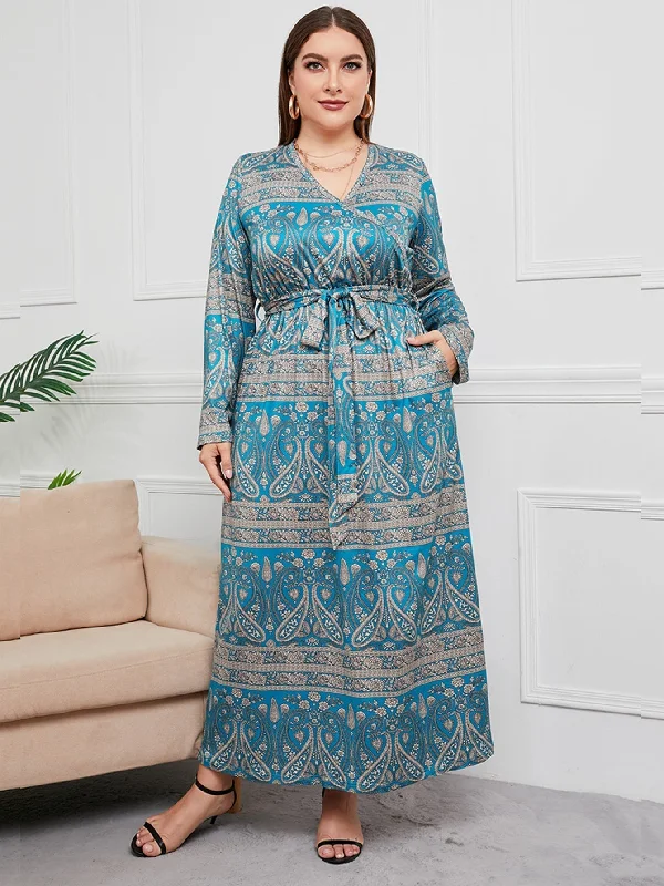 Huge Price Cuts Await!KittenAlarm - Plus Size Boho Print Self Waist Tie Maxi Dress