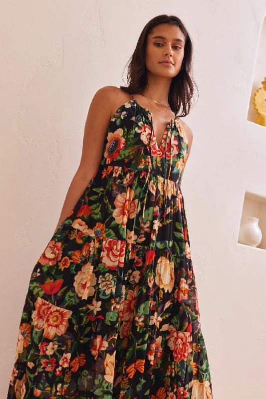 Buy More, Pay Less!Affair Black Floral Cotton Strappy Tiered Maxi Dress