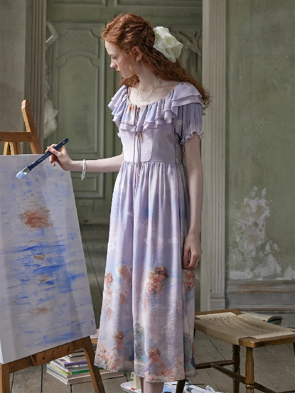 New Discounts Just Dropped!Alicia Exclusive Custom Angel Print Ruffle Collar Bow Puff Sleeve Dress