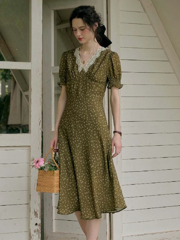 Enjoy Huge Discounts Now!Stormi Charming V-neck Lace Trimmed Floral Print Dress - Olive Green