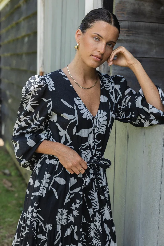 Your Discount is Waiting!Aria Black & White LS V Neck Tiered Maxi Dress