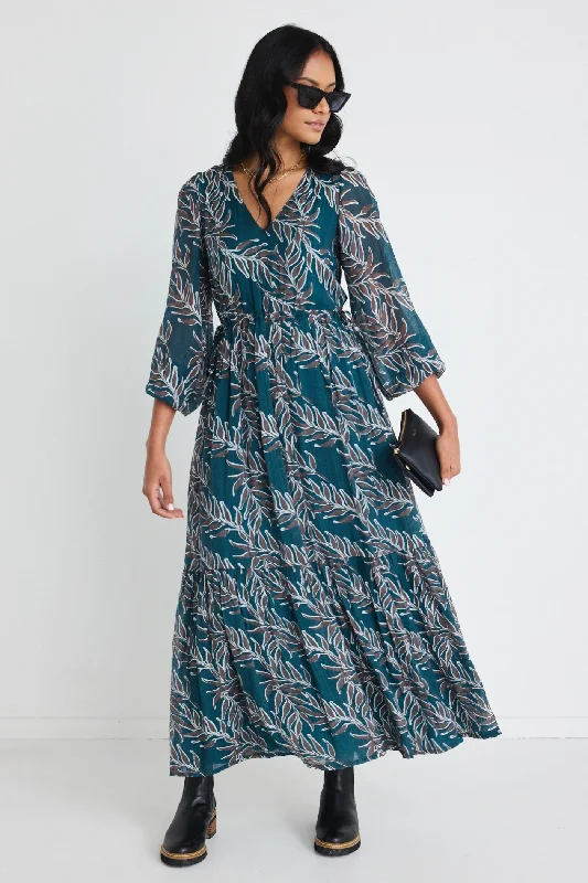 Instant Savings Await!Aroha Forest Leaves LS V Neck Tiered Tie Waist Maxi Dress