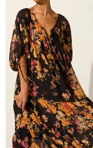 Massive Price Cuts!Autumn Black Floral Mid Sleeve Maxi Dress