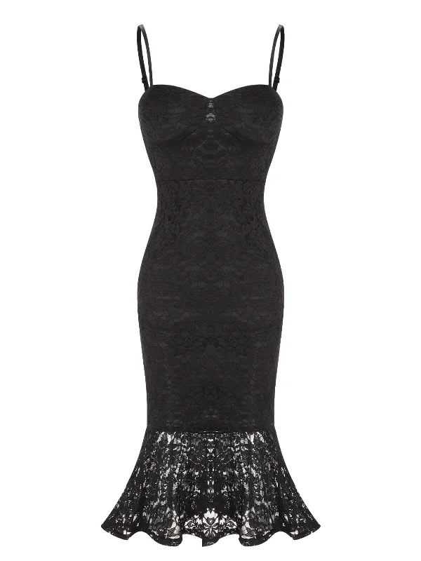 Massive Price Cuts!Black 1930s Lace Spaghetti Strap Mermaid Dress