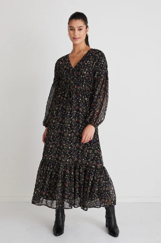 Score Big Savings Today!Chelsea Black Garden Ls Button Front Waisted Maxi Dress
