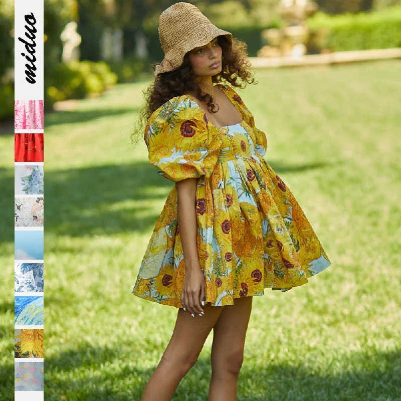 Snag the Best Prices Now!Digital Printed Square Collar Lantern Short High Waist Sleeve Women's Backless Puffy Dress Snag the Best Prices Now!Digital Printed Square Collar Lantern Short High Waist Sleeve Women's Backless Puffy Dress