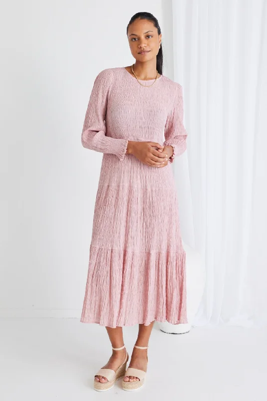 Best Deals Just for You!Effortless Blush LS Shirred Tiered Maxi Dress