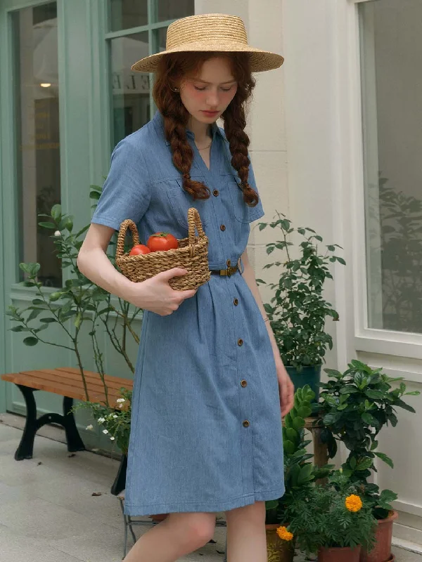Buy More, Pay Less!Emely Lapel V-neck Symmetrical Pocket A-line Cotton Dress (No Belt) Buy More, Pay Less!Emely Lapel V-neck Symmetrical Pocket A-line Cotton Dress (No Belt)