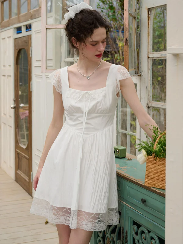 Must-Have Deals Inside!Emmy Sweet Bow Square Neck Lace Splicing Dress