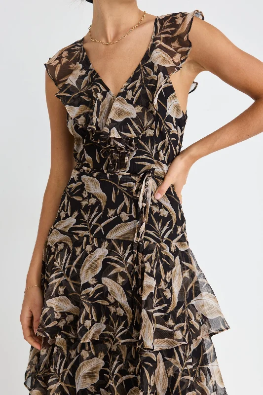 Get More, Spend Less – Shop Now!Everly Golden Black Floral Flutter Sleeve Tiered Maxi Dress