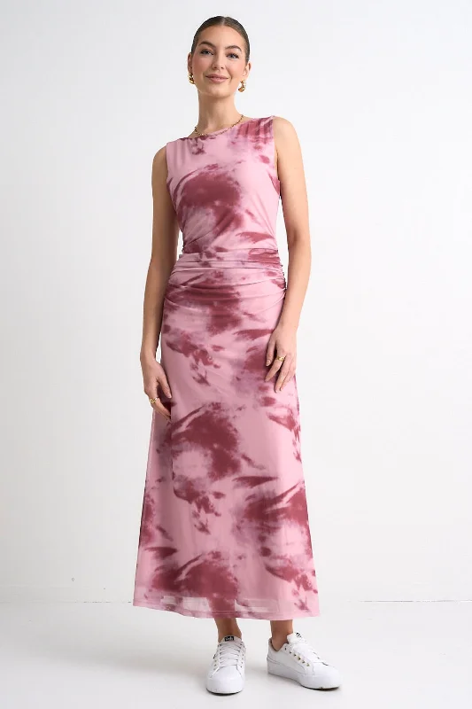 Score Huge Discounts Today!Fast Pink Smudge Mesh Boat Neck Sleeveless Maxi Dress