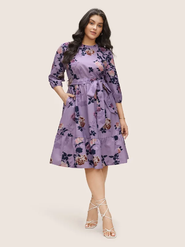 Today’s Deals, Tomorrow’s Regrets!Floral Print Belted Pocket Frill Trim Dress