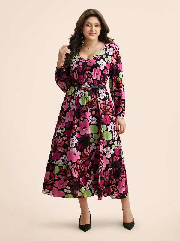 Your Chance to Save is Now!Floral V Neck Lantern Sleeve Dress