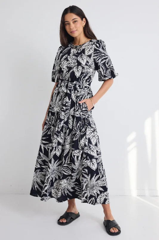 Stock Up and Save!Floreana Black Leaf SS Elastic Waist Maxi Dress