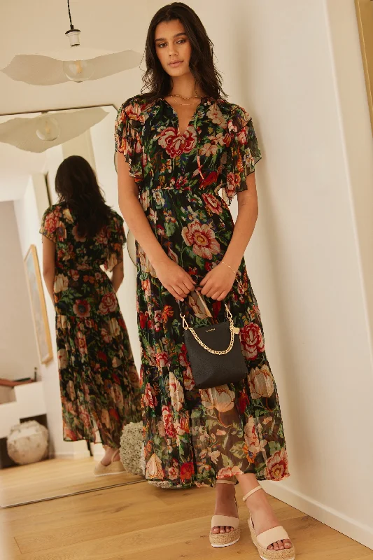 Get It Before It’s Gone!Flutter Black Floral Floaty Sleeve Maxi Dress