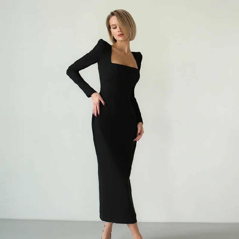 Lowest Prices Guaranteed!French-Inspired Black Dress with Square Collar, Slim Fit and Hip Design - Perfect for a Fashionable Look Lowest Prices Guaranteed!French-Inspired Black Dress with Square Collar, Slim Fit and Hip Design - Perfect for a Fashionable Look