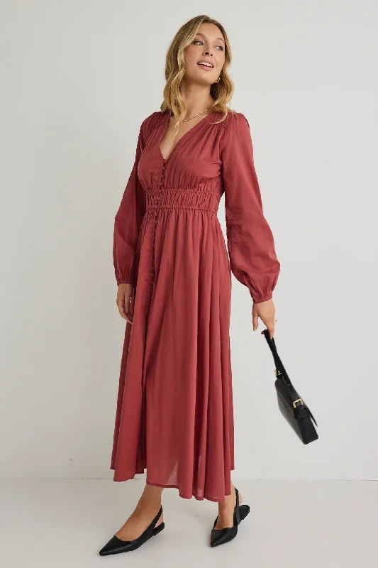 Enjoy Huge Discounts Now!Gala Clay LS Button Front Tiered Maxi Dress